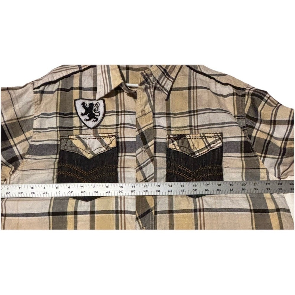 Red Ape Mens Tan Black Plaid Button Down Shirt Lion Crest Patch Size Large - Picture 14 of 16